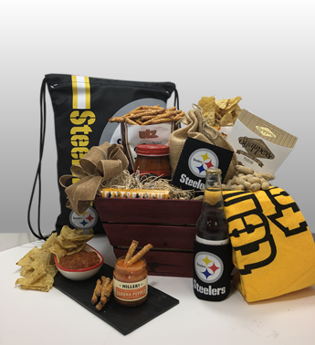 Classy, creative and fun black and gold sports gifts by Basket of Pittsburgh. Since 1984, Basket of Pittsburgh has been sending Steeler fans around the globe the best Steeler fan gifts. A winning combination of quality merchandise and the best treats and snacks by local Pittsburgh companies. Deliver locally or ship nationally via fed-ex.