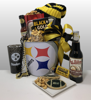 Classy, creative fun black and gold sports gifts for Steeler fans nationwide. Quality Steeler merchandise and delicious treats and snacks from Pittsburgh favorite local companies. Delivery locally or ship nationwide via Fed-Ex.