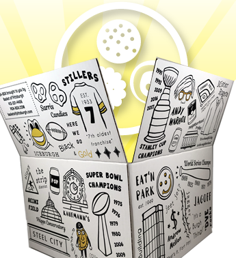 PGH-BOX is an exclusive gift design by Basket of Pittsburgh. It contains all of the best local favorites in the area. Represented by all of Pittsburgh's favorite brands from Sarris, Betsy Ann Chocolates, UTZ, Snyders, Mediterra Bakehouse, Eat n Park and many more!