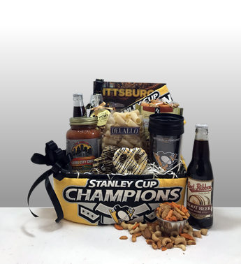 The best Pittsburgh Penguins gifts in Pittsburgh. Hockey fans love the Basket of Pittsburgh gifts. It's a hockey night is Pittsburgh is a fan favorite full of Pittsburgh favorite brands like Natrona Bottling, Appleicious, George Howe Nuts, Sarris Candy, Mediterra Baked Goods, Rally Towels, Travel Mugs and much more! Basket of Pittsburgh offers full size products - no fancy packaging tricks! Local delivery by a Basket of pittsburgh driver or shipped anywhere in the United States by UPS.