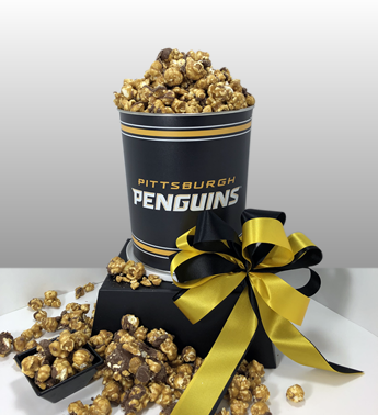 The best Pittsburgh Penguin gifts in Pittsburgh. A Pittsburgh Penguin tin filled with Pittsburgh Popcorn chocolate caramel popcorn. Large orders and corporate orders welcome. Customize your gifts.