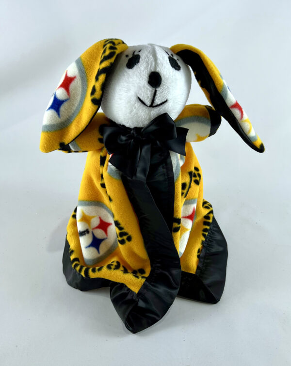 Basket of Pittsburgh gifts, photo of a steelers baby snuggle bunny buddy